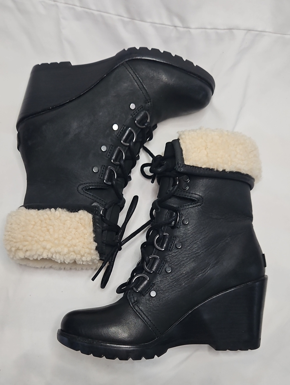 Sorel Black Wedge Lace-Up Boots with Cream Sherpa Cuff